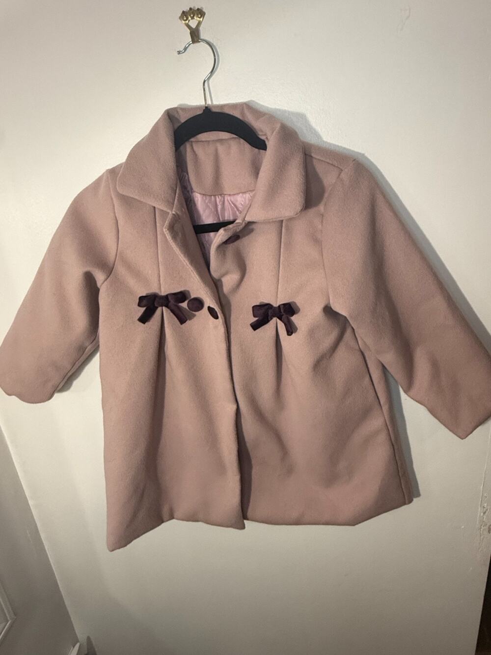 Girls Pink Dress Coat Size 8 (M/130) Quilted Lining Bow Detail Winter Jacket
